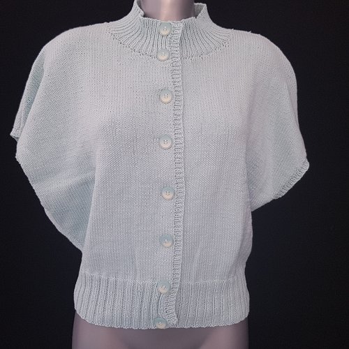 Gilet vert d'eau pour femme, cardigan sans manches, taille 42/44, au tricot, fait à la main, en coton et acrylique, avec boutons, oversize