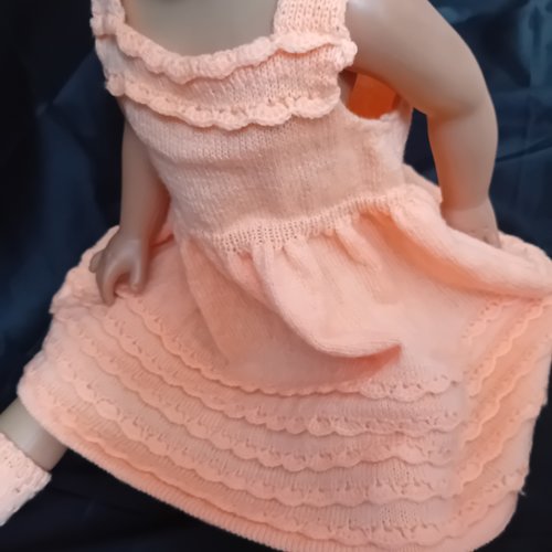 Robe à bretelles pour bébé, taille 12 mois, au tricot, fait à la main, couleur orange, avec petits volants, vintage, en acrylique