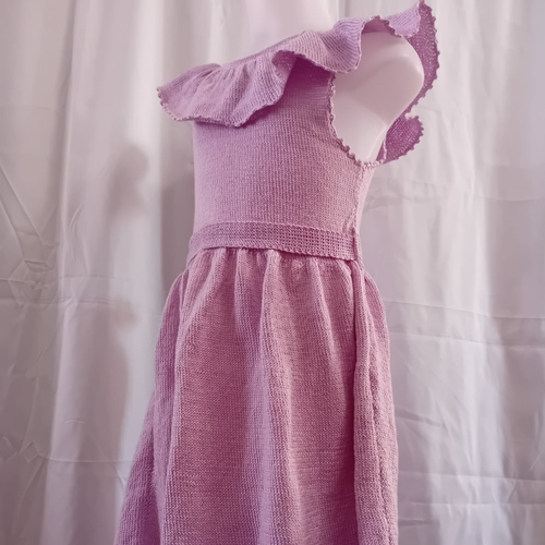 Robe d'été romantique en coton, avec ceinture et volant au col, mauve, tricotée à la main, en taille 7 ans