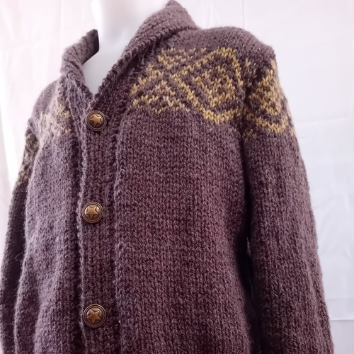 Gilet col châle pour garçon, marron, avec jacquard, tricoté à la main, en fil recyclé, 6 et 8 ans