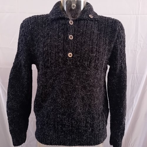 Pull col boutonné pour homme, noir, en laine, tricoté à la main aux aiguilles