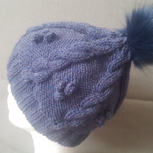 Bonnet en laine recyclée, au tricot, fait à la main, aux aiguilles avec pompon et torsades, pour adulte, bien chaud