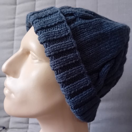Bonnet bleu pour homme, à revers, avec torsades, tricoté à la main aux aiguilles, en acrylique, grande taille