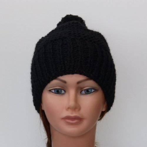 Bonnet femme noire tricoté main