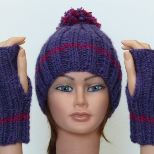 Bonnet + mitaines pour femme violet