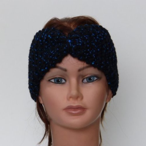 Bandeau femme noir & bleu en laine tricoté main
