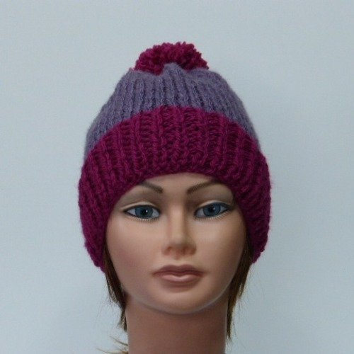 Bonnet femme violet en laine tricoté main