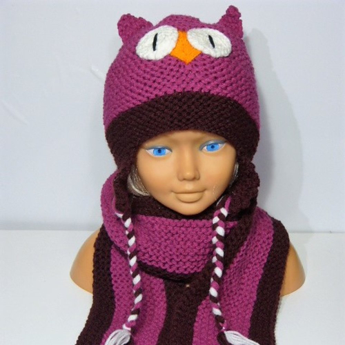 Bonnet hibou fille & écharpe laine (taille 4 ans/ 6 ans)