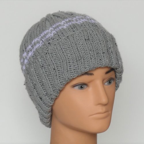 Bonnet homme gris rayures blanches