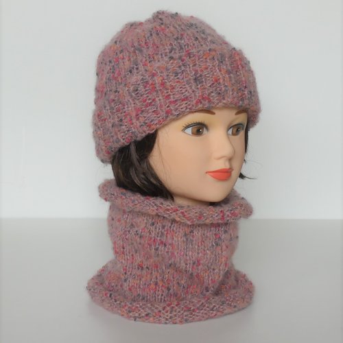 Bonnet et tour de cou femme laine  annell tricoté main