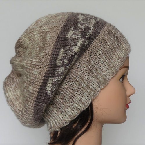 Béret femme beige / marron laine easy jacquard