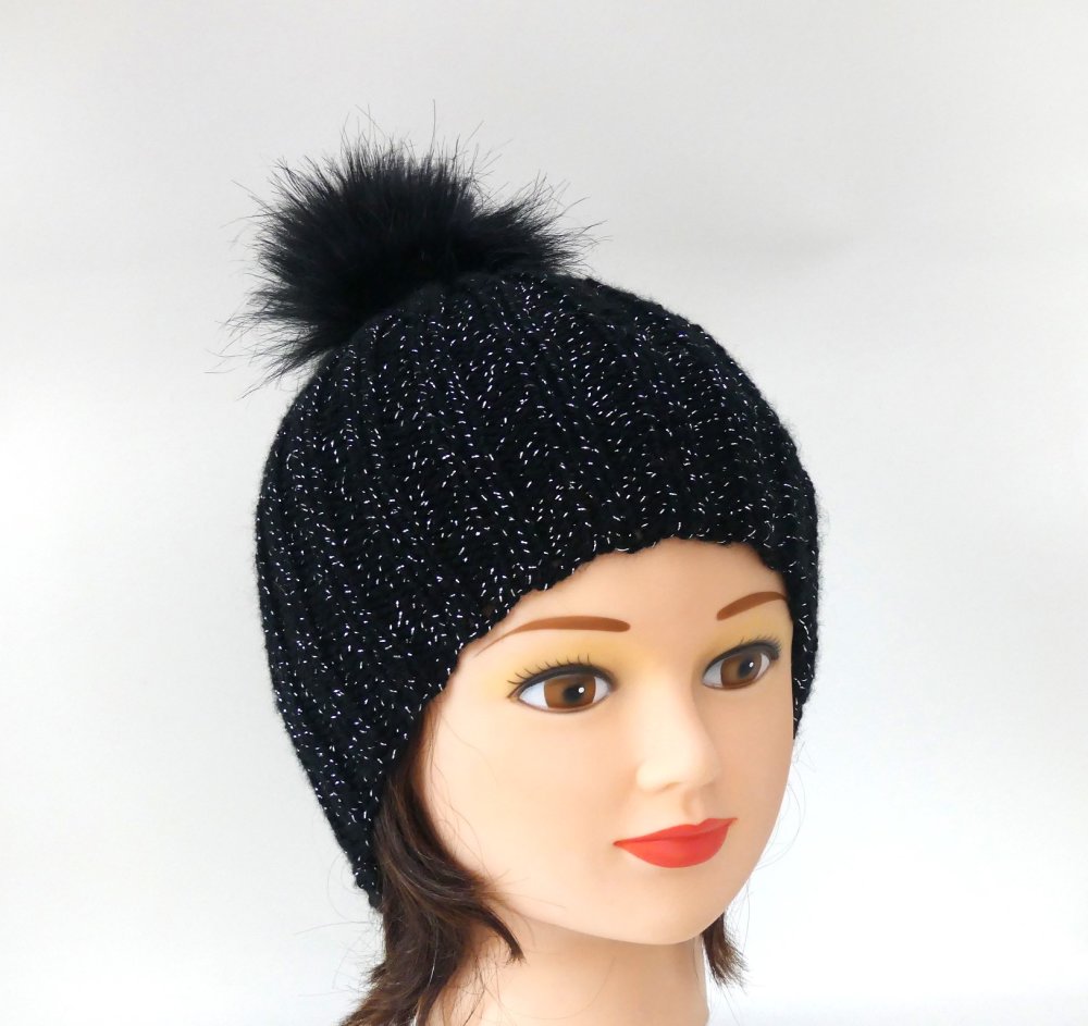 2 Pièces Bonnet Femme Hiver avec Pompon, Noir Blanc Chaud Bonnet en Tricot  Beanie Winter Hat avec Doublure Douce en Polaire Chapeau d'hiver Femme :  : Mode