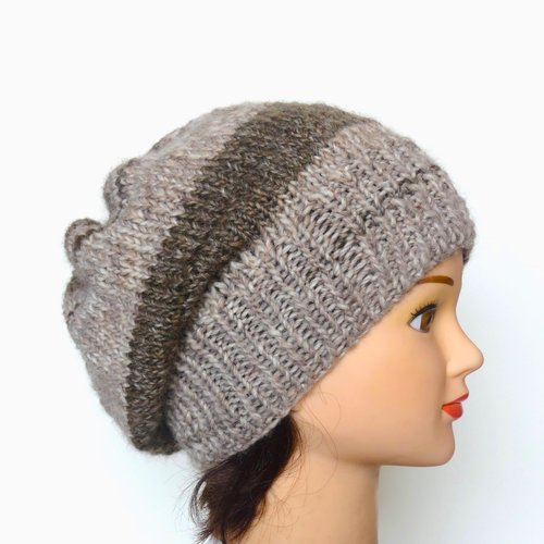 Béret femme marron en laine tricoté main
