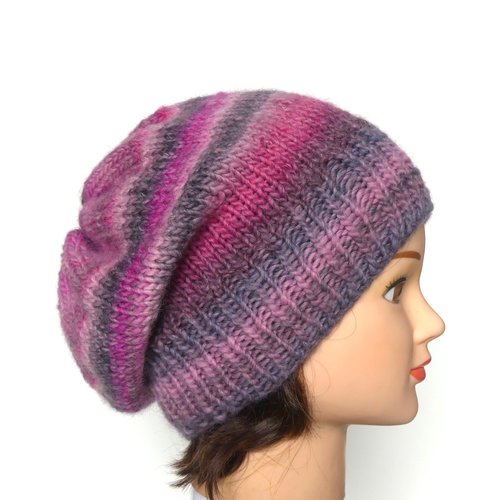 Beret femme gris et rose en laine tricoté main