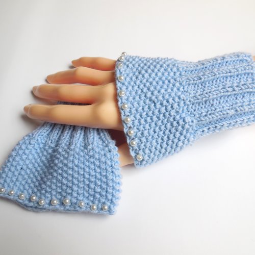 Manchettes mitaines bleues - tricoté main