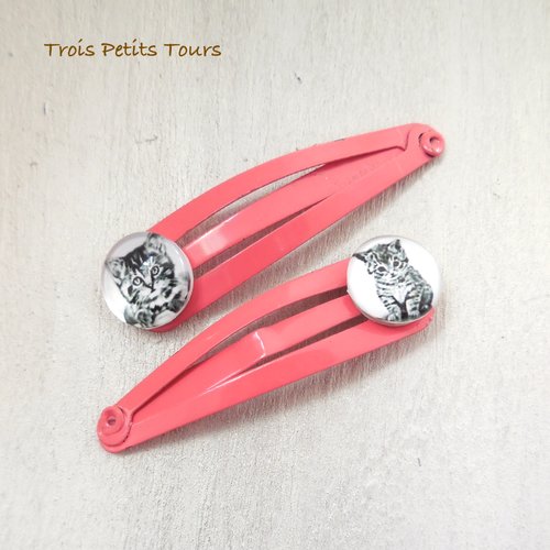 2 mini barrettes clips métal rose - cabochon chat
