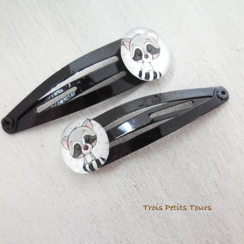 2 mini barrettes clips métal noir - cabochon motif animal