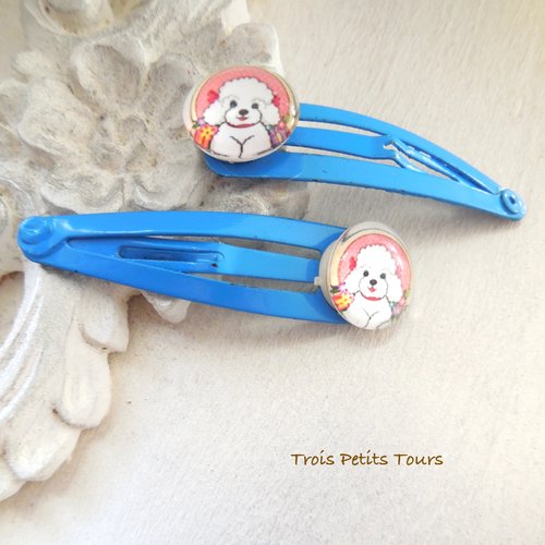 2 mini barrettes clips métal bleu - cabochon chien