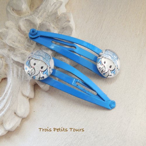 2 mini barrettes clips métal bleu - cabochon verre éléphant