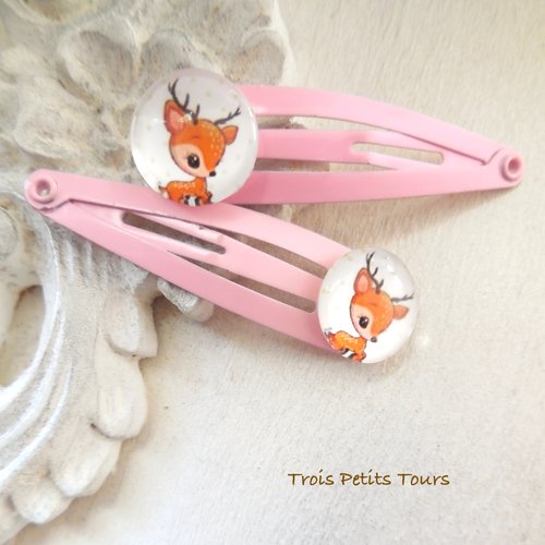 2 mini barrettes clips métal rose - cabochon verre faon bambi