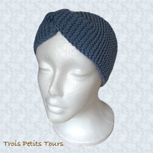 Bandeau headband tricoté main gris bleu
