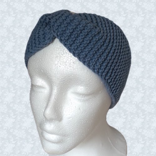 Bandeau headband gris bleu tricoté main