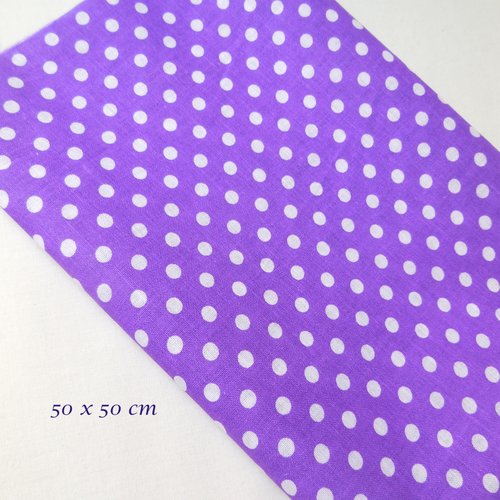 1 coupon tissu coton violet - motif pois blancs - 50 x 50 cm