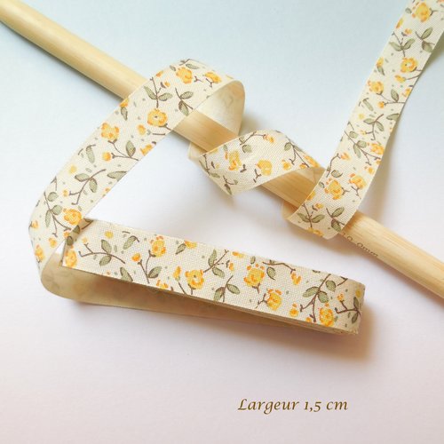 Ruban coton motif fleurs - liberty écru et jaune - vendu au mètre