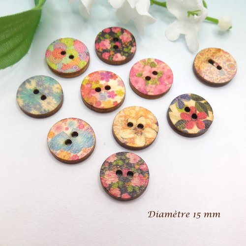 10 boutons ronds - bois multicolore - motif floral