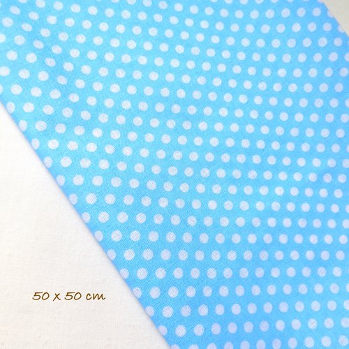 1 coupon tissu coton - bleu à pois blancs - 50 x 50 cm