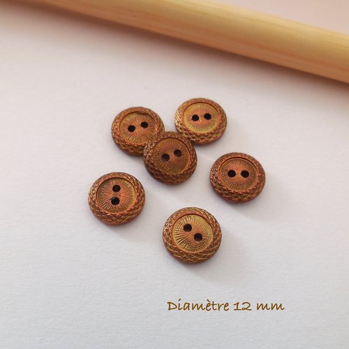 6 petits boutons ronds vintage - couleur cuivre - 12 mm