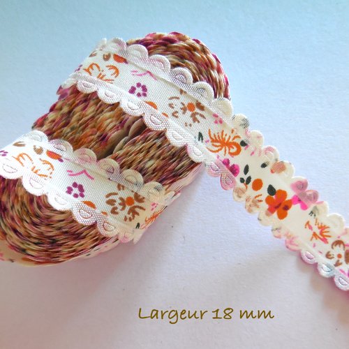Ruban polyester écru - motif floral - ruban fleurs - 1,8 cm