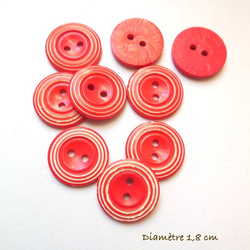 9 boutons ronds vintage rouge et blanc - 18 mm