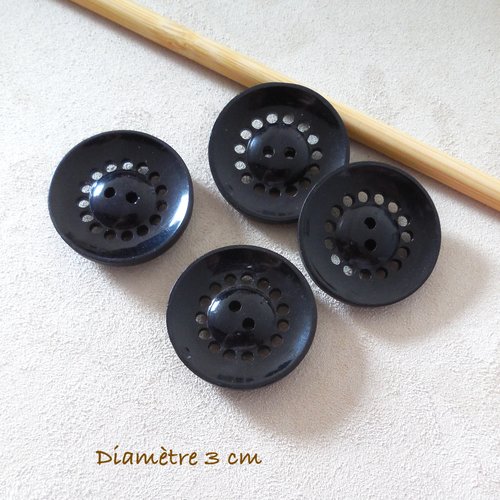 4 boutons ronds noirs vintage - 30 mm