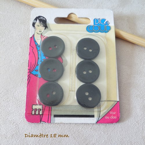 6 boutons ronds noirs vintage - 18 mm