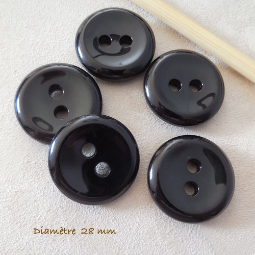 5 gros boutons ronds noirs - 28 mm