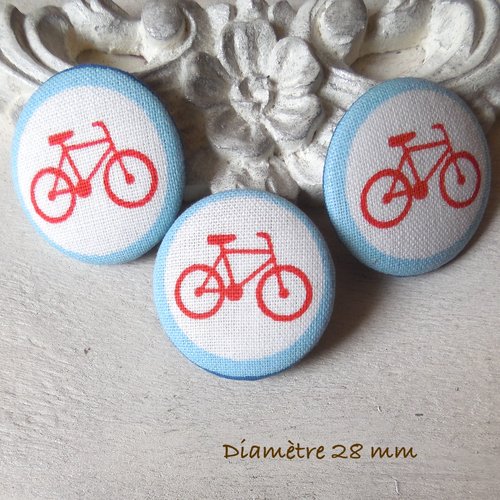 3 boutons 28 mm - métal recouvert tissu - motif vélo