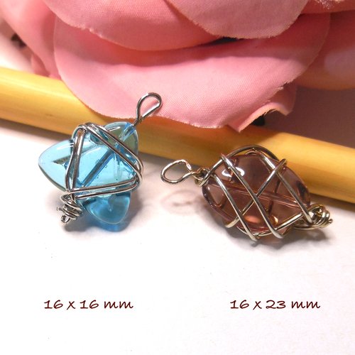 X2 pendentifs perles en verre cerclées de fil métal - bleu et prune