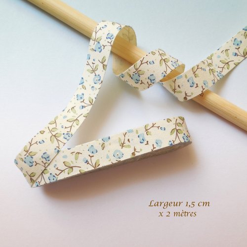 2 mètres ruban coton motif fleurs - liberty écru et bleu