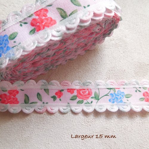 Ruban polyester fond rose motif fleurs