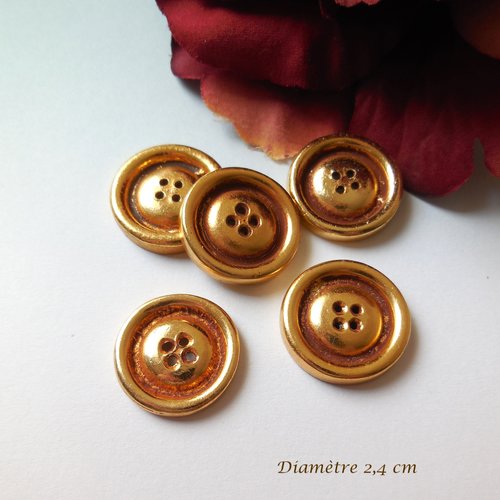 5 boutons métal doré vintage - boutons ronds 24 mm