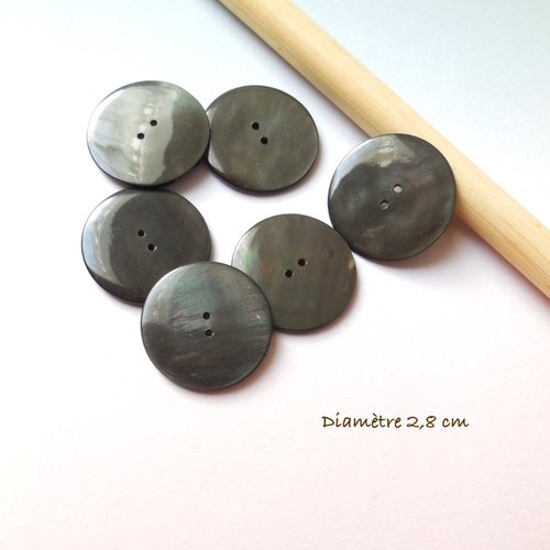 6 gros boutons gris - nacre véritable - 28 mm