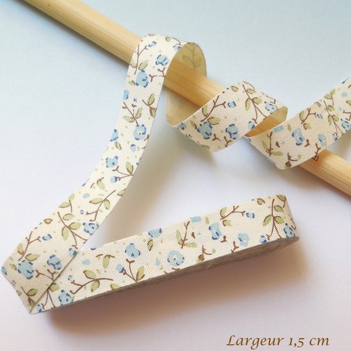 Ruban coton motif fleurs - liberty écru et bleu - 15 mm