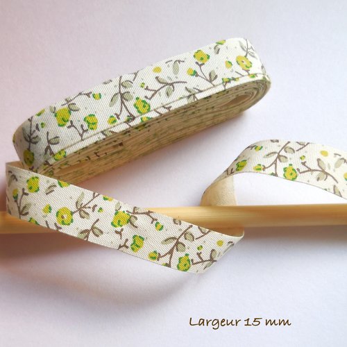 Ruban coton motif fleurs - liberty écru et vert - 15 mm