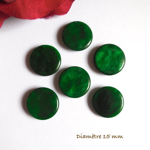 6 boutons ronds - résine acrylique vert sapin nacré - 15 mm