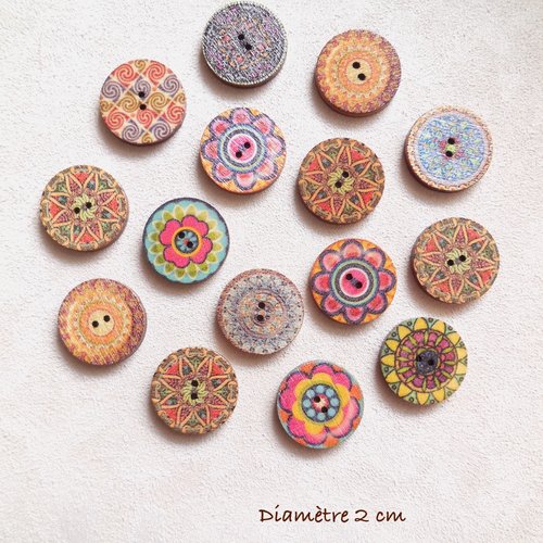 15 boutons ronds en bois léger - multicolores - 20 mm