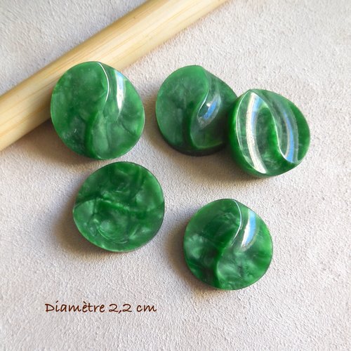 5 boutons ronds - couleur verte irisée - 22 mm