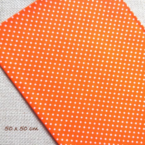 1 coupon tissu coton - orange fluo à pois blancs - 50 x 50 cm