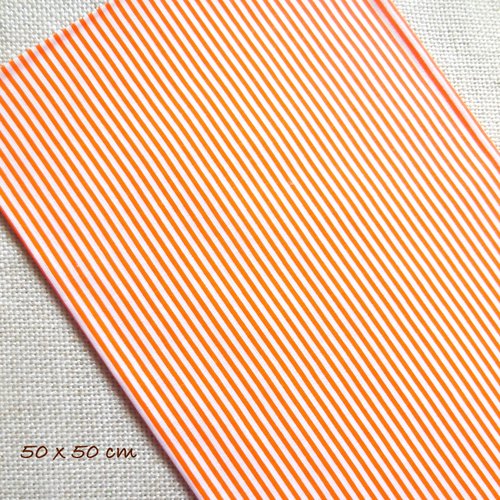 1 coupon tissu coton - rayé orange et blanc -  50 x 50 cm