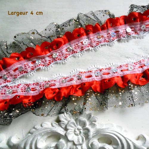 Ruban plissé noir et rouge - 275 cm - dentelle plissée - ruban froncé